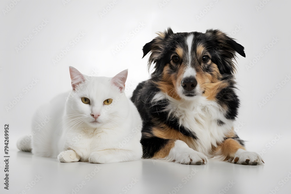 A peaceful scene of a white cat and multicolored dog together in tranquility