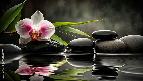 zen stones on a background of water and bamboo and orchid flowers. Generative AI, © Erik