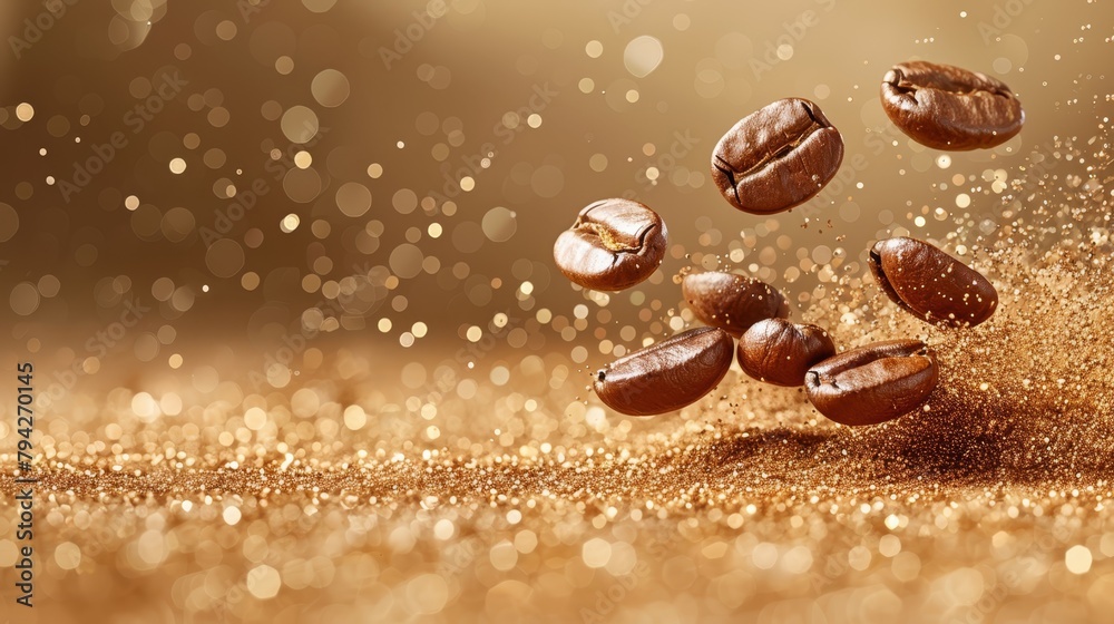   A stack of coffee beans spills onto another stack on a wooden table Background hazy