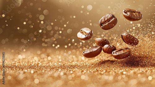  A stack of coffee beans spills onto another stack on a wooden table Background hazy