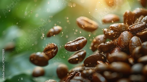   A mound of coffee beans drips water from their tops against a backdrop of verdant leaves