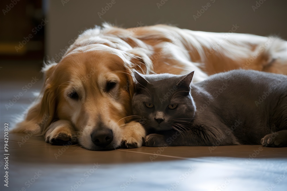 A golden retriever and gray cat peacefully cuddled together on smooth floor