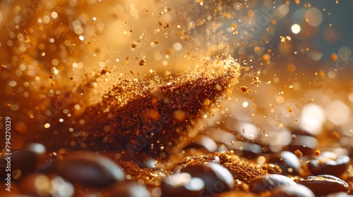  A tight shot of coffee beans in a heap and a coffee scoop on a table against a softly blurred backdrop