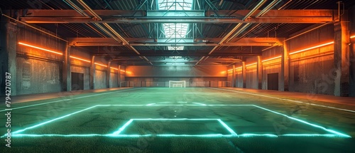 Futuristic indoor soccer field with glowing white lines football in center. Concept Futuristic, Indoor Soccer Field, Glowing White Lines, Football, Centerpiece photo