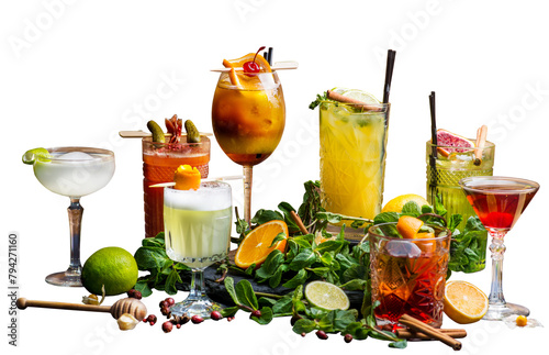 Set of different cocktails in different glasses on the background of Citrus fruits and mint