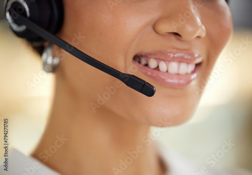 Happy, woman and face at call centre, closeup for telemarketing, customer service and technical support. Female consultant and headphones for client networking with communication, trust and help
