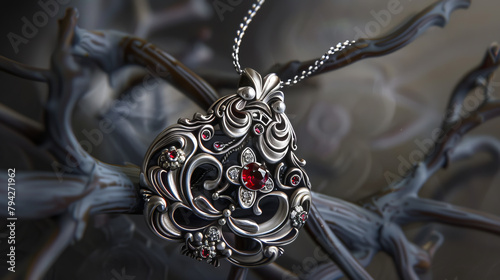 A silver and red necklace with a flower design