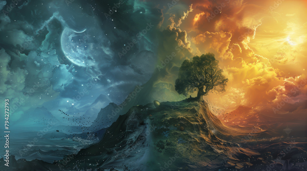 A painting of a tree on a hill with a blue sky A painting of a tree on a hill with a blue sky