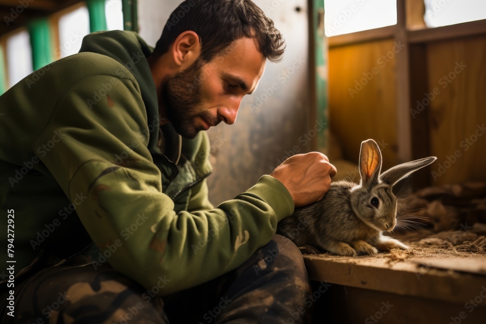 Candid moment between a shy rabbit and a patient volunteer, captured as ...