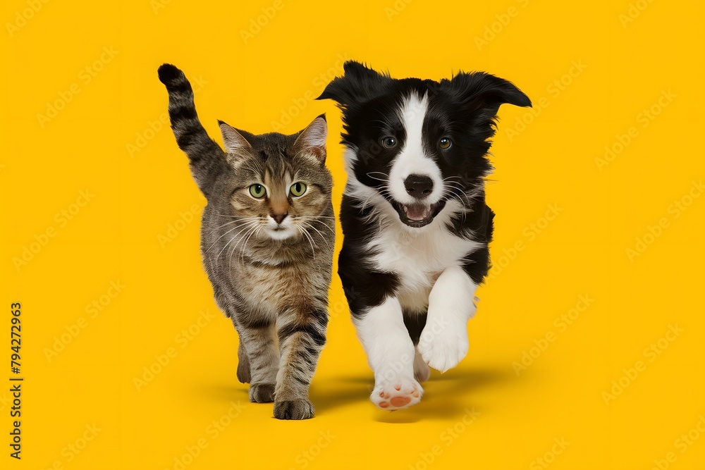 A playful tabby cat and Border Collie puppy on yellow background
