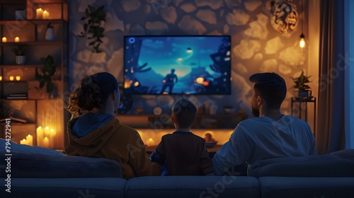 Family enjoying a cozy gaming evening at home, gathered on the couch. Playing video games together. Casual, entertainment lifestyle scene. AI