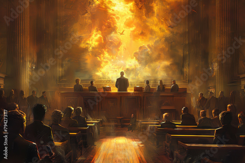 A painting of a courtroom with a man in a suit standing in front of a crowd of p photo