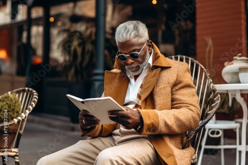 
Candid moment capturing young individual dressed in eclectic grandpa-inspired attire, engaging in everyday activities like reading at a cafe or strolling through the city streets, embodying the effor photo