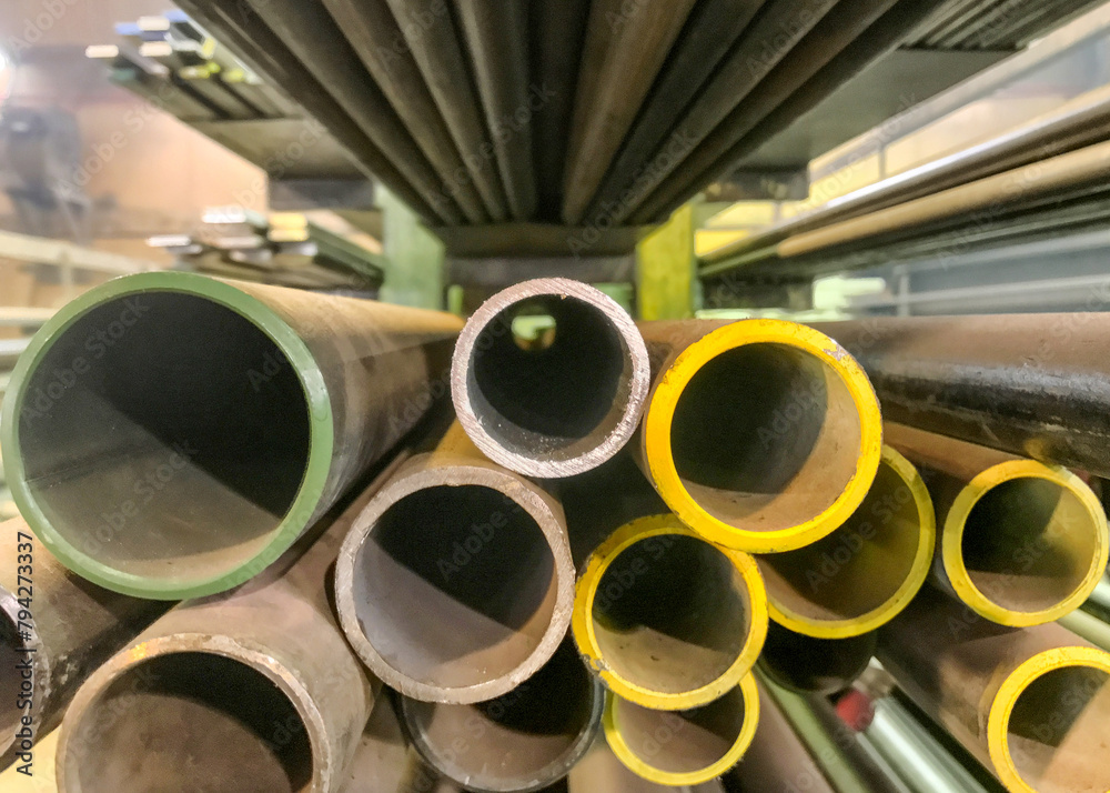 Steel tubes stacked in a machine shop with bokeh Steel tubes stacked in a machine shop with bokeh