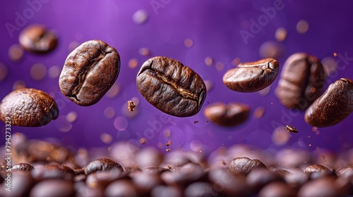   A cluster of coffee beans in mid-air hovers above a mound of beans on a purple tabletop