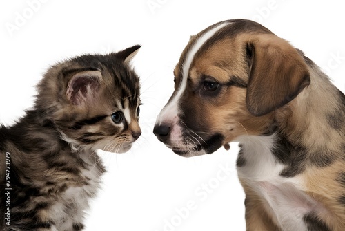 A kitten and puppy display curiosity and introspection in tender moment