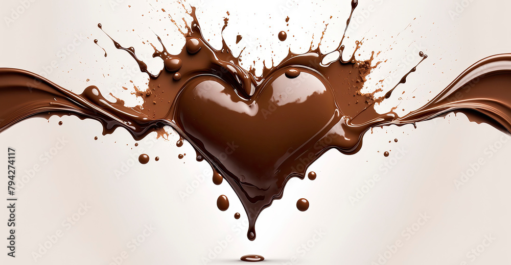 Chocolate splash in heart shape isolate on white background. Generative AI,