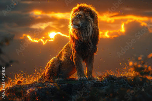 3d render of the lion king standing on top of an island infront of burning buildings. Created with Ai