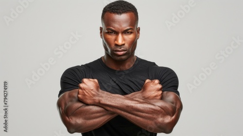 A man in a black t-shirt stands confidently with his arms crossed, striking a pose for the camera against a white background.