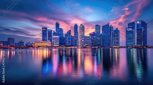 An evening cityscape with dramatic clouds  illuminated skyscrapers  reflecting lights on water  showcasing urban beauty and architecture. Resplendent.