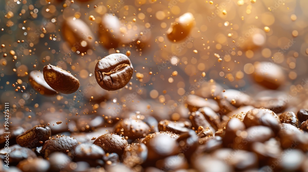 A mound of coffee beans cascading into another, beaded with water droplets atop A mound of coffee beans cascading into another, beaded with water droplets atop