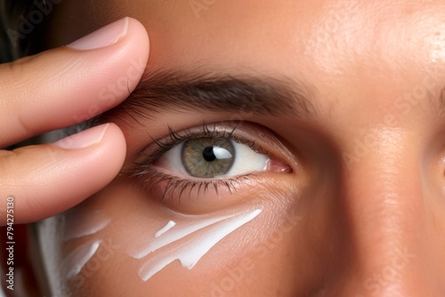  Photo Close-up of man using an eye cream to reduce puffiness and dark circles, promoting eye care