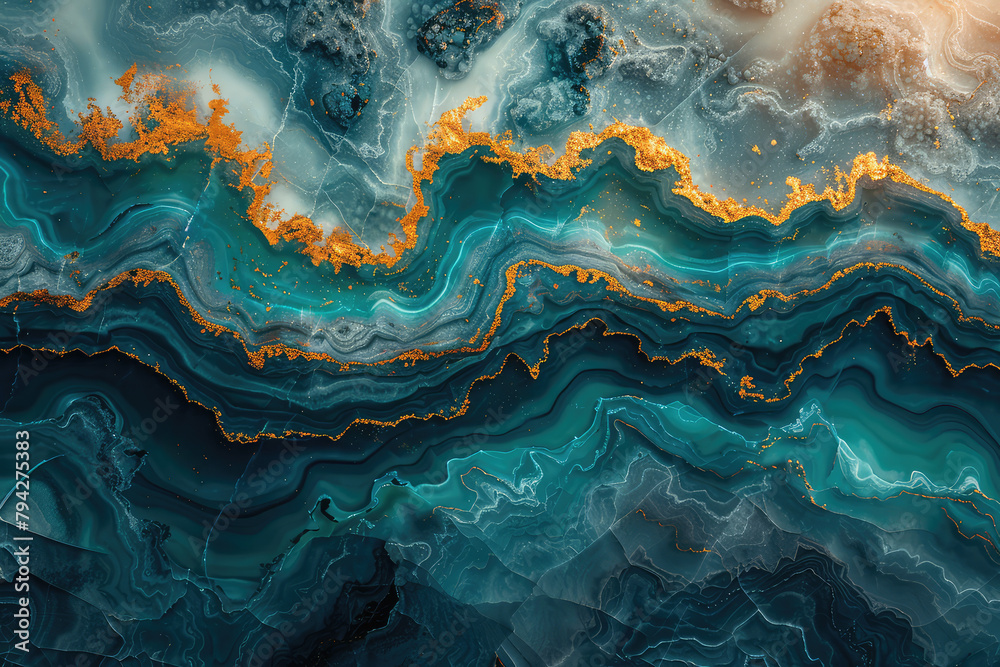 Abstract background, dark blue and gold marble texture, aerial view, smoke clouds. Created with Ai - obrazy, fototapety, plakaty 