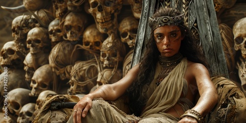 A female barbarian leader sits confidently in front of a towering pile of skulls, exuding power and strength in a dark and mysterious setting. photo