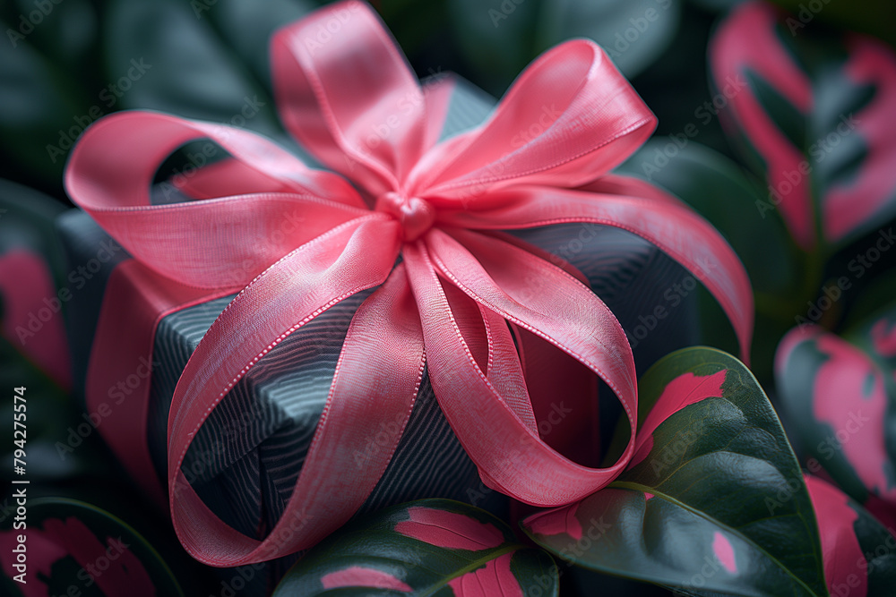 Gift Box with Pink Ribbon Nestled in Greenery Gift Box with Pink Ribbon Nestled in Greenery