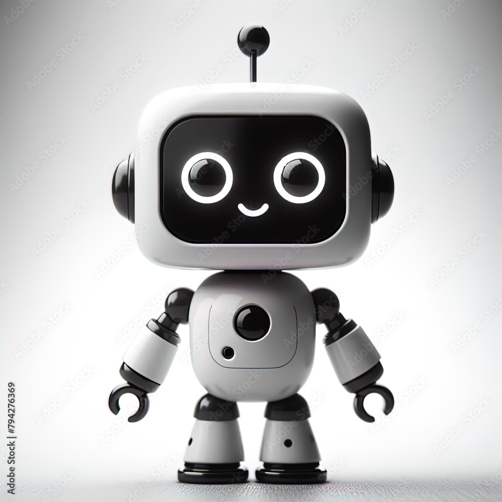 Ein schwarz weiß Foto eines kleinen lustigen Roboters