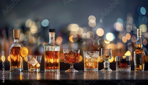 A collection of various alcohol drinks in glasses on the bar counter against a city lights background, with copy space for text