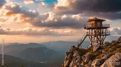 Mountain fire lookouts perched on peaks.
 photo