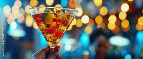 A martini glass with an orange liquid on the bar counter, with some colorful fruit and ice cubes in it, closeup of hand holding retro style cocktail glass at night, dark background