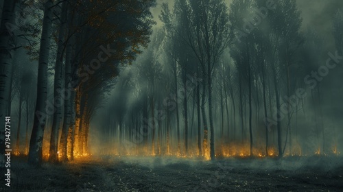   A forest teeming with numerous trees borders another forest of yellow and green fire extinguishers photo