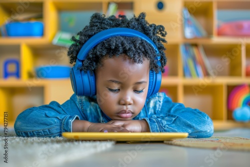 african preschool child using tablet with headphones, black little kid watching cartoon, playing game or learning on a digital device, toddler screentime usage concept