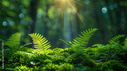  In the dense forest, sunlight shines through and illuminates green moss covered with ferns. Created with Ai