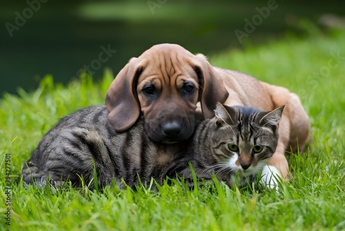 A peaceful scene of a puppy resting on a cat in a green field © Nida