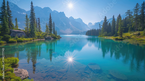 A stunning view of the turquoise waters reflecting the clear blue sky, surrounded by lush greenery and towering mountains in rugged wilderness. Created with Ai