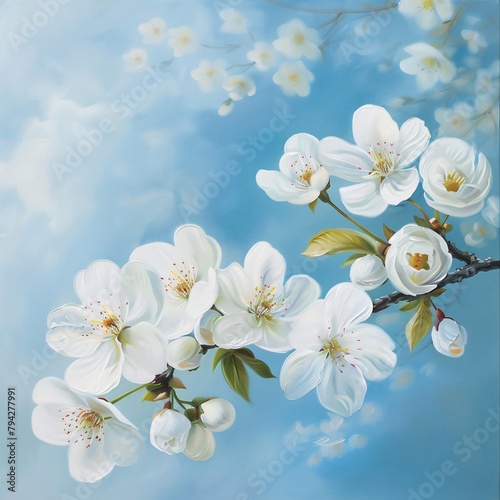 White cherry blossoms in full bloom against the blue sky  © Cetin