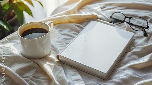 a white book mockup, accompanied by a steaming cup of coffee and a pair of glasses resting on a rumpled bed. photo