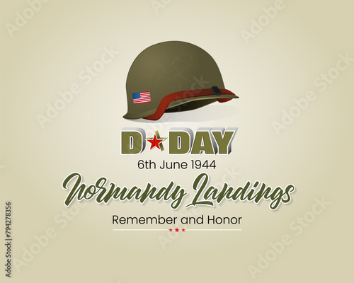 Holiday design, background with handwriting and 3d texts, army helmet and national flag colors for D-Day American event, 80th anniversary celebration; Vector illustration

