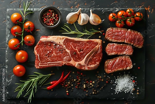 Gourmet Meat Presentation: T-Bone Steak and Filets with Fresh Produce and Spices