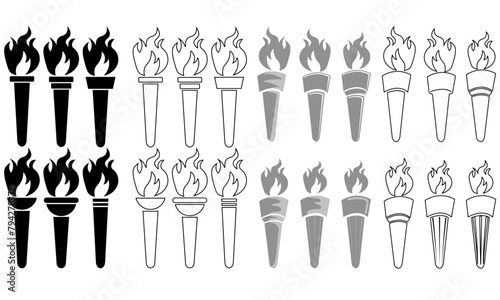 Collection of Olympic torch designs in silhouette, outline, silhouette on a transparent background photo