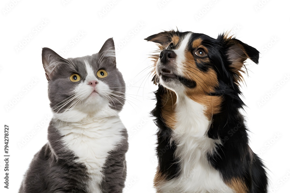 The gray and white cat and tricolor dog curiously gaze upwards together