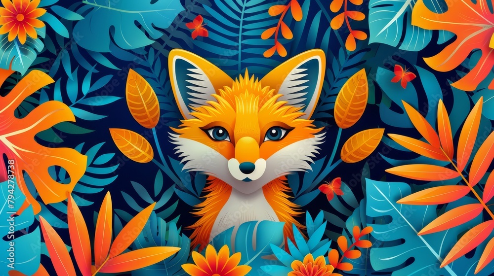 fox up-close among autumnal leaves and blooms, backdrop - blue sky fox up-close among autumnal leaves and blooms, backdrop - blue sky