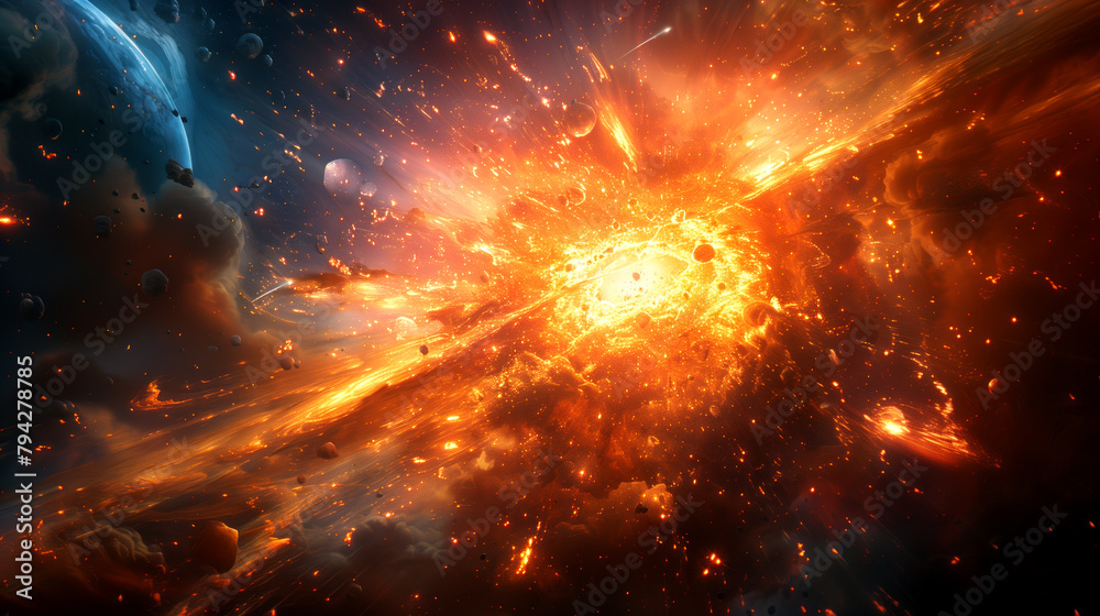 Obraz premium The exploding star shattered into pieces. In the middle of galaxy, far away.