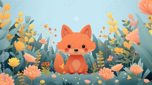   A charming fox sits in a flower-filled meadow against a backdrop of a blue sky