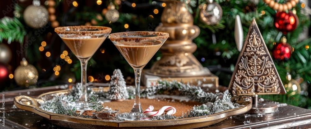 Cocktail glasses with espresso martini and white chocolate players in front of a Christmas tree, on a tray decorated Background Image,Desktop Wallpaper