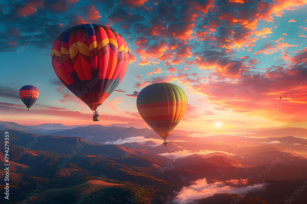 Obraz premium A colorful morning sky: Hot air balloons and the beauty of dawn's first light