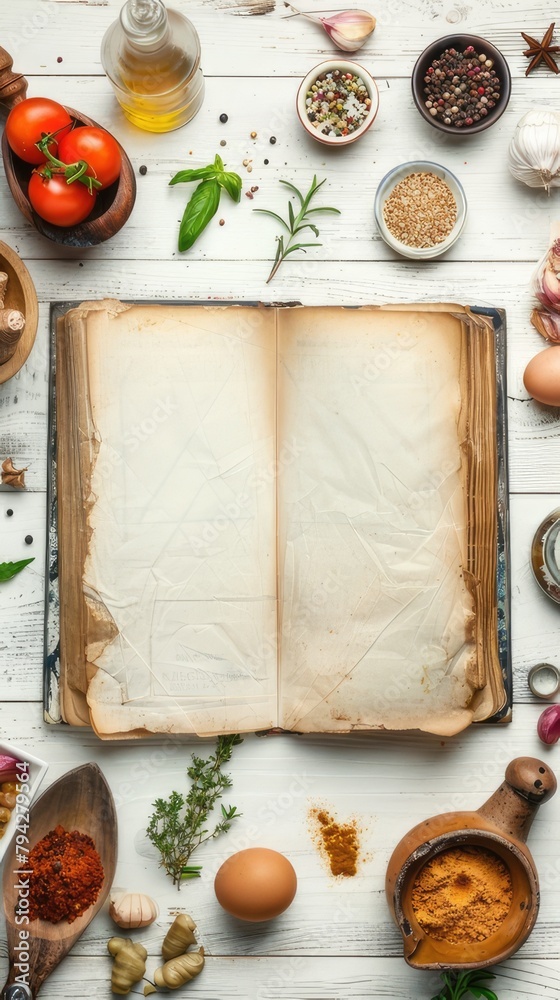 an open recipe book surrounded by an array of different ingredients on a pristine white wooden table, leaving ample space for text.